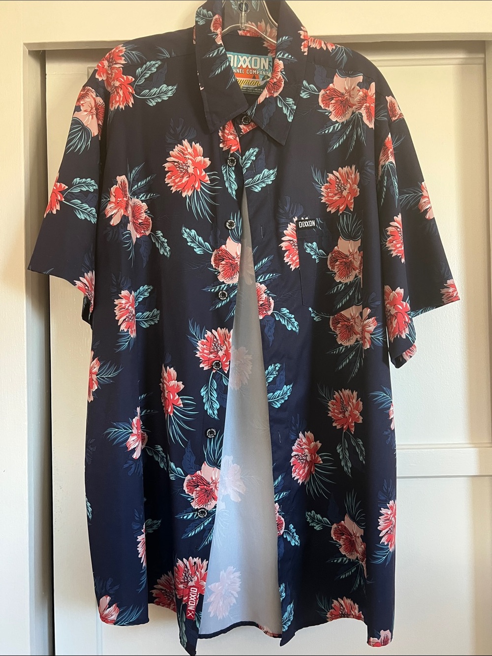 DIXXON The Cayman Navy Camp Collar Shirt with Coral Floral Print